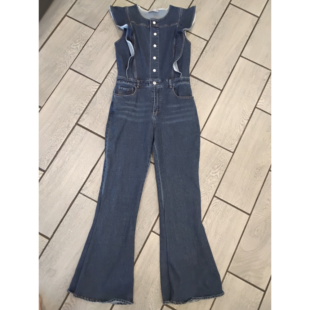 Blueb. Collection Ruffle Denim Jumpsuit Dark Wash Flare Leg Size M